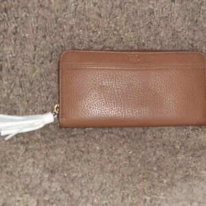 FOSSIL-Tara Zip Around Clutch Wallet-Brown Leather/White Tassel-NWT